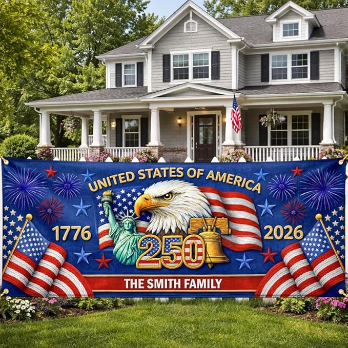Personalized 250 Years of Freedom USA Banner 1776-2026, Patriotic American Eagle Flag for Independence Day, Customizable Family Name Outdoor Banner, USA Anniversary Decoration for Gardens & Porches A2