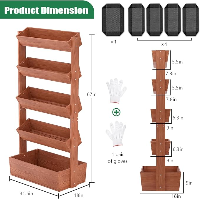 SUNYRISY 5 Tiers Vertical Wooden Raised Garden Bed Outdoor, Freestanding Garden Planter Box Stand for Planting Herbs Flowers Vegetables Outdoor Gardening