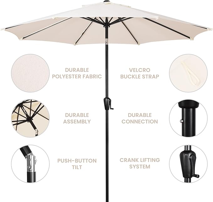 Sun-Ray 9' Round Patio Umbrella with Push-Button Tilt and Hand Crank Lift System, Market Umbrella for Porch, Deck, and Patio