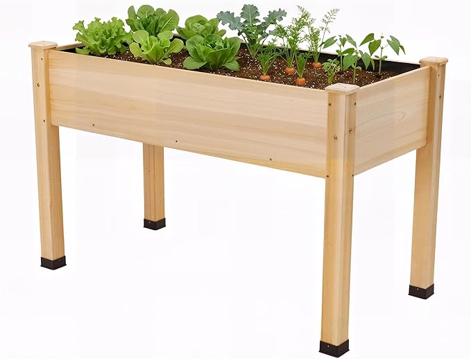 AMERLIFE Raised Garden Bed, 48x30x24 Inches Elevated Wood Planter Box with Legs, Bed Liner, Divider and Drainage Holes for Backyard, Patio, 200 lb Capacity - Light Wood