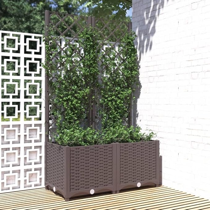 Garden Planter with Trellis Brown 31.5"x15.7"x53.5" PP Raised Planter Box Outdoor Elevated Garden Bed for Climbing Plants, Flowers, and Vegetables