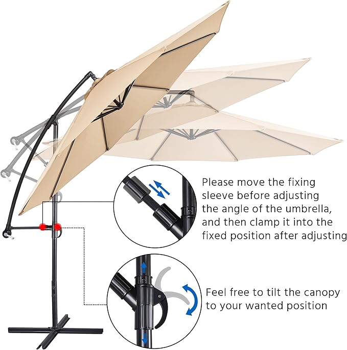Yaheetech 10FT Patio Offset Umbrella - Cantilever Hanging Outdoor Umbrellas w/UV Protection & 8 Ribs & Handy Crank & Cross Base for Market/Garden/Lawn/Deck/Backyard/Pool - Tan