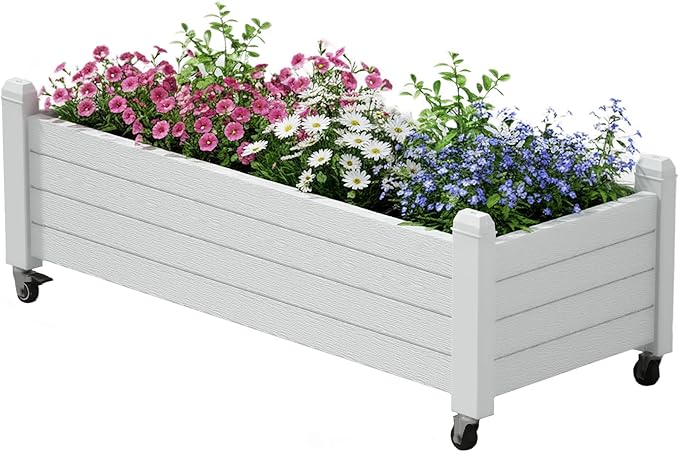 Raised Garden Bed with Wheels Outdoor, Resin Planter Box with Drain Hole and Water Level Detector for Backyard, Patio, Balcony, White(13.3" H)