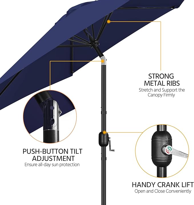 Yaheetech 9FT Patio Umbrella Outdoor with Heavy Duty Base Included,Table Umbrella with Push Button Tilt and Crank, UV Protection Waterproof for Yard/Outdoor/Wedding Parties and Events - Navy Blue