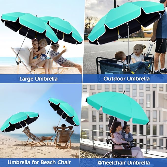 48.8 inch Large Beach Umbrella with Clamp Sun Shade for Beach Chair, 360°Adjustable UV Protection Golf Umbrella with Clip for Outdoor Patio Stroller Wheelchair