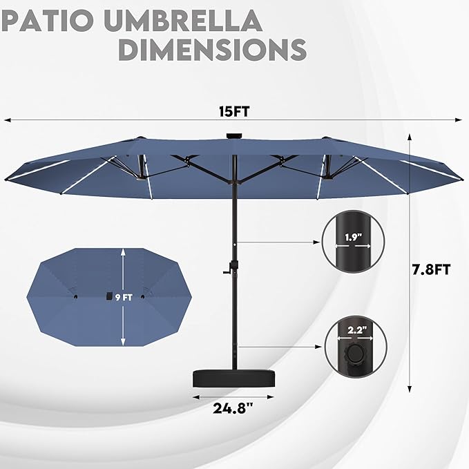 15ft Large Patio Umbrella with Solar Lights, Outdoor Double-Side Rectangular Umbrella with Base Included, Backyard Pool Umbrella with LED Light for Deck, Outside, Market, Navy