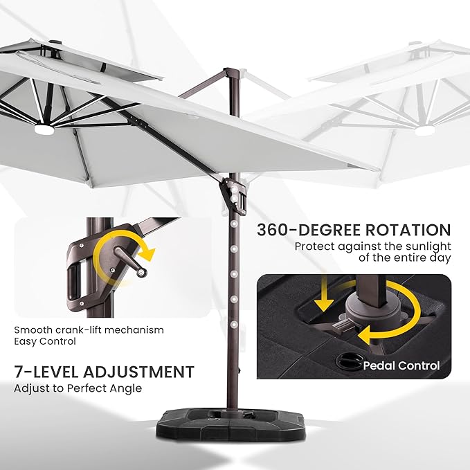 10x10 FT Cantilever Patio Umbrella with Base and Led Lights Double Top Outdoor Square Large Heavy Duty Aluminum Offset Umbrellas with 7 Level Tilt 360-degree Rotation for Pool Garden Deck, Fog Grey