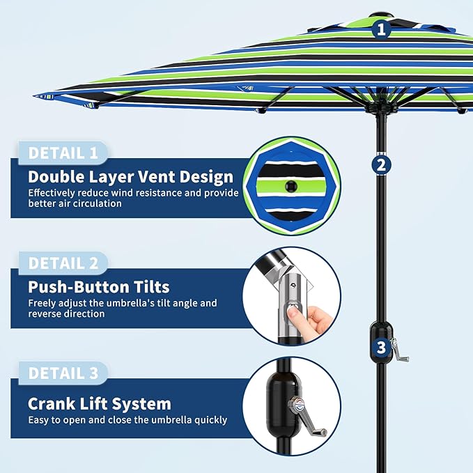 GarveeLife 9FT Patio Umbrella Outdoor, Table Umbrella with Push Button Tilt and Crank, 8 Sturdy Ribs UV Protection Waterproof for Garden, Pool, Market, Deck (Tricolor Stripe)
