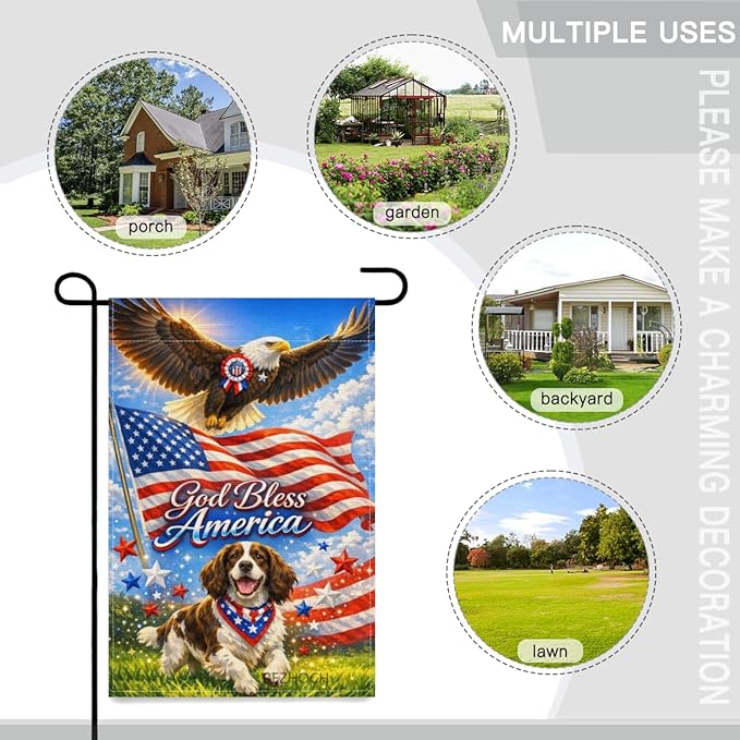 Patriotic English Springer Spaniel Garden Flag 12x18 Inch,American Independence Day Outdoor Yard USA Flag Funny Animal,Red White Blue 4th of July Lawn Porch Double Sided Outside Decor