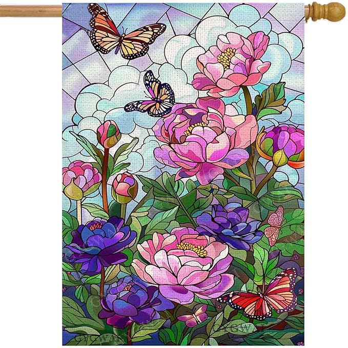 Spring Summer Stained Glass Peony House Flag Peony Floral Butterfly Welcome Yard Burlap Double Sided Seasonal Farmhouse Yard Outdoor Decoration 28x40 Inch