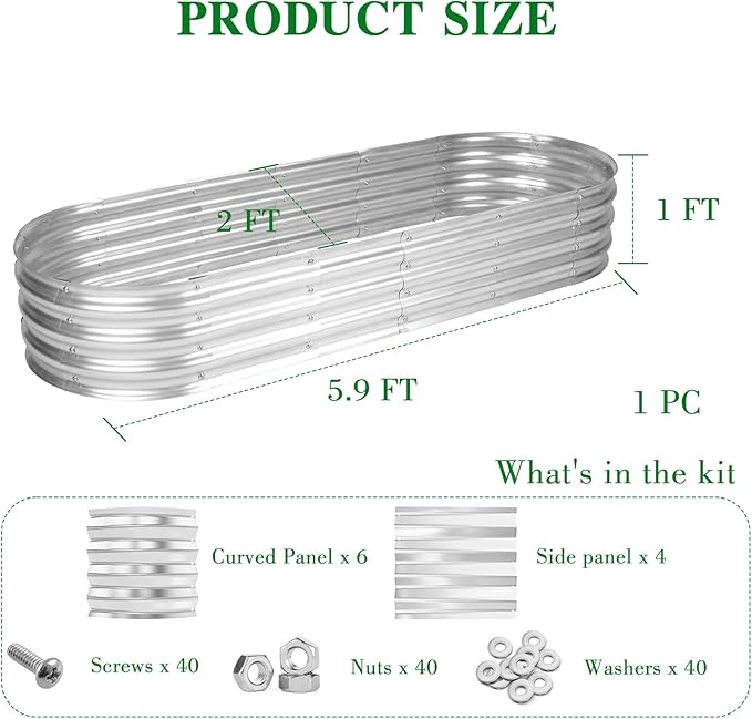 5.9 x 2 x 1 Ft Galvanized Raised Garden Bed Kit, Outdoor Oval Planter Box for Vegetables, Flowers, Herbs, Deep Rooted, Silver