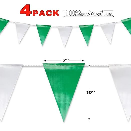 Green & White Pennant Banner Flags | OSHA 500lb Rated | Strand Fade Resistant 【408FT】