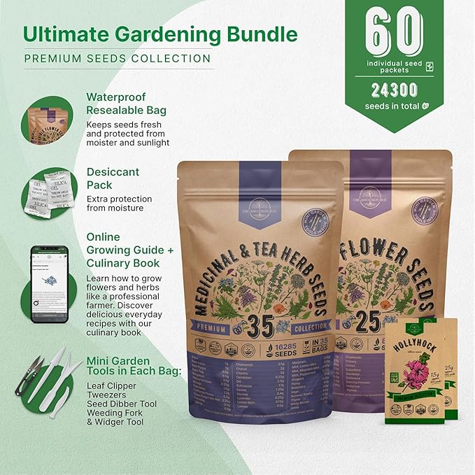35 Medicinal & Tea Herb Seeds and 25 Edible Flower Seeds Variety Pack Bundle, 24,300+ Non-GMO Heirloom Garden Seeds for Planting Flowers and Herbs for Indoor & Outdoor Gardening