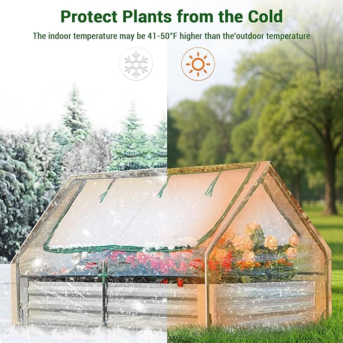 Raised Garden Bed with Cover Outdoor, Galvanized Metal Planter Box with PE Cover, 2 Large Screen Windows, 6x3x3 FT 3-in-1 Gardening Set with 1 Pair of Gloves for Vegetable Flower Herb Succulent Clear