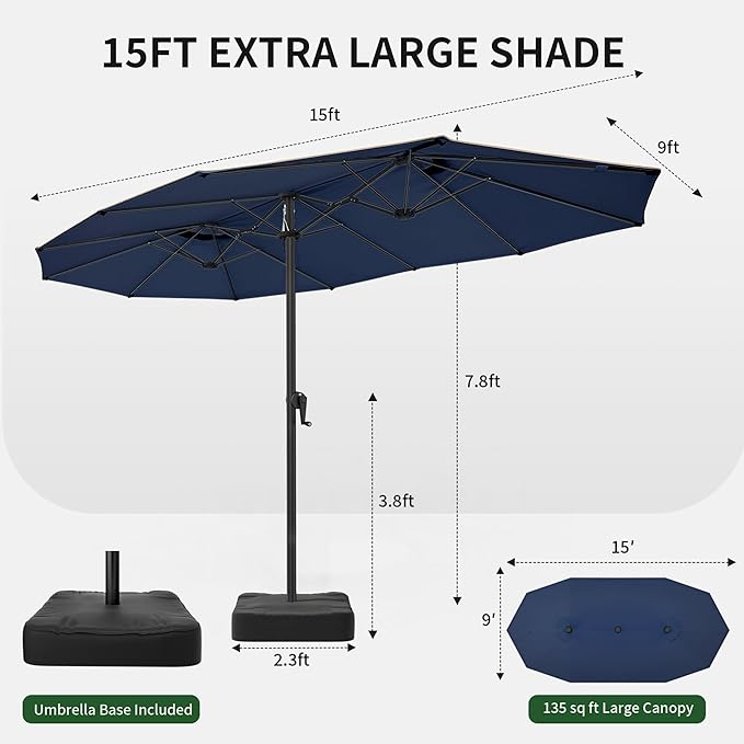 OLILAWN15ft Large Deck Umbrella with Base Included, Outdoor Patio Double-Sided Rectangle Market Umbrella with Aluminium Crank, 12 Sturdy Ribs, for Patio Deck Porch Garden, Dark Blue