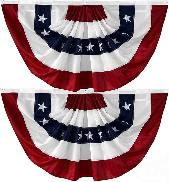 2 Pack American Pleated Fan Flag 4th of July Memorial Day Decorations for 250th Anniversary 3x6 Ft Patriotic Half Fan Bunting with Embroidered Stars Sewn Stripes Canvas Header and Brass Grommets