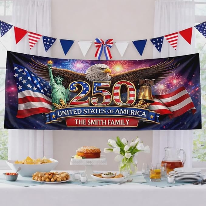 Personalized 250 Years of Freedom USA Banner 1776-2026, Patriotic American Eagle Flag for Independence Day, Customizable Family Name Outdoor Banner, USA Anniversary Decoration for Gardens & Porches A10