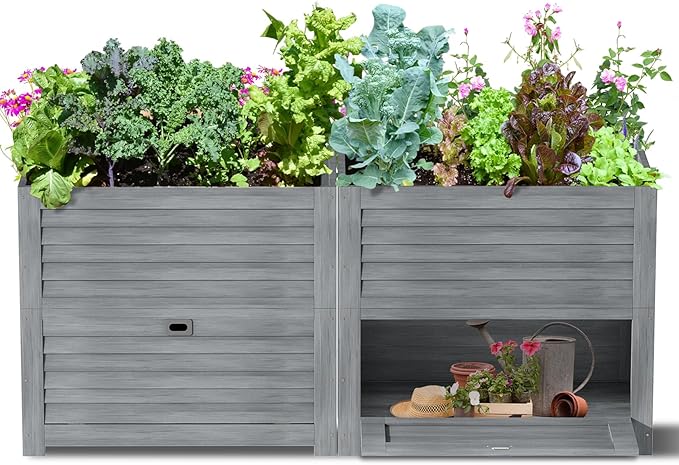 DoCred Wooden Raised Bed Garden with Storage Box, 34" x 18" x 30" Elevated Large Planter Box for Herbs, Vegetables, Flowers Backyard Patio Gardening Balcony