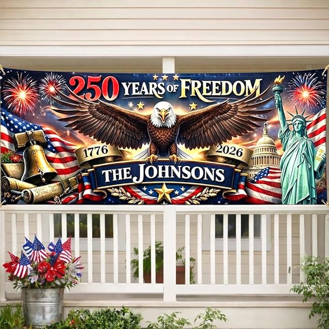 Personalized 250 Years of Freedom USA Banner 1776-2026, Patriotic American Eagle Flag for Independence Day, Customizable Family Name Outdoor Banner, USA Anniversary Decoration for Gardens & Porches A9