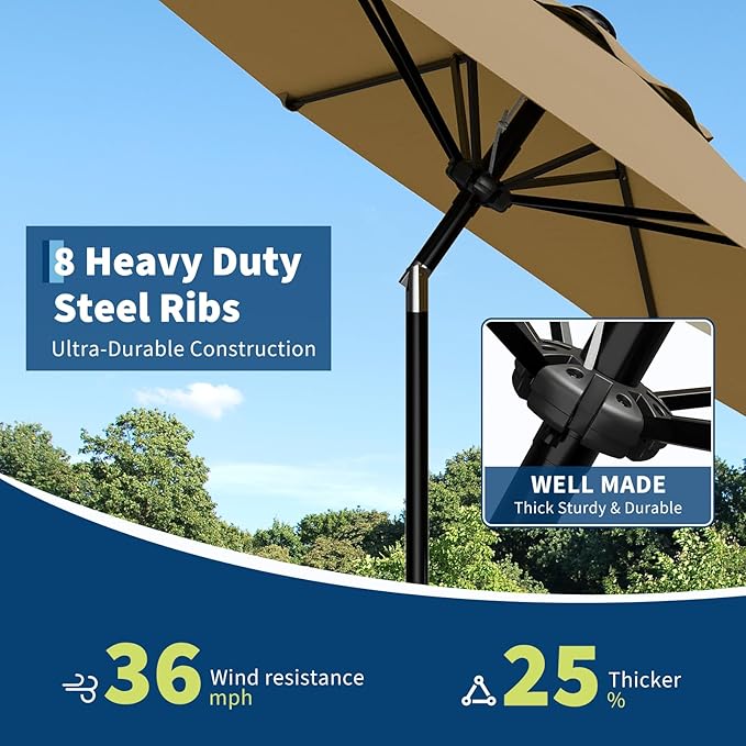 GarveeLife 10FT Umbrella Outdoor Patio, Table Umbrella with Push Button Tilt and Crank, 8 Sturdy Ribs Waterproof UV Protection for Garden, Pool, Deck, Backyard, Market (Khaki)