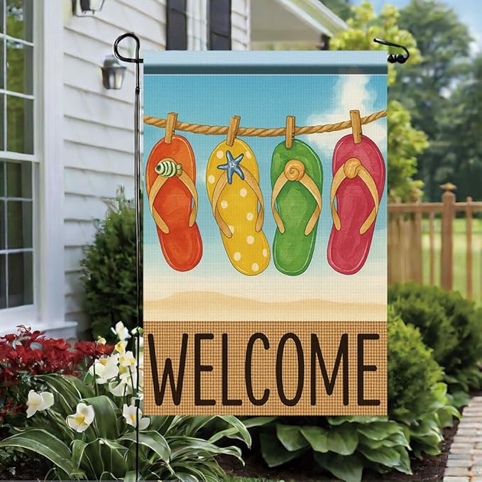 Summer Flip Flop Garden Flag 12x18 Inch Double Sided Outdoor Yard Banner Colorful Beach Sandal Design Welcome Sign for Pool Patio Porch Home Decoration