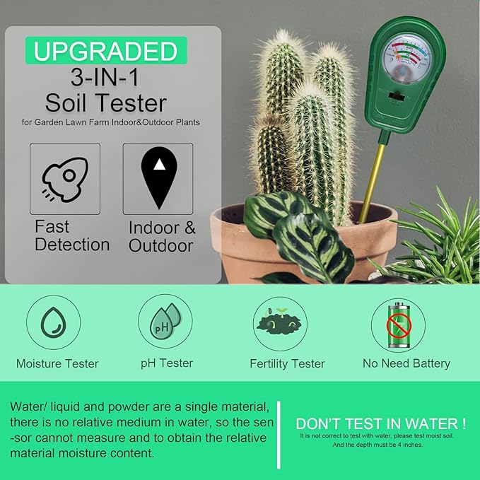 3-in-1 Soil Test Kit, Soil Moisture Meter/Soil ph Meter/Fertility Soil Tester, Soil Hygrometer for Garden, Farm, Plant, Outdoor, Indoor, Lawn Care Moisture Meter for Hous Plants (No Battery Needed)