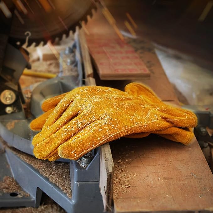 OZERO Leather Work Gloves Flex Grip Tough Cowhide Gardening Glove for Men and Women (Gold With Mesh Lining (1 Pair), X-Large)