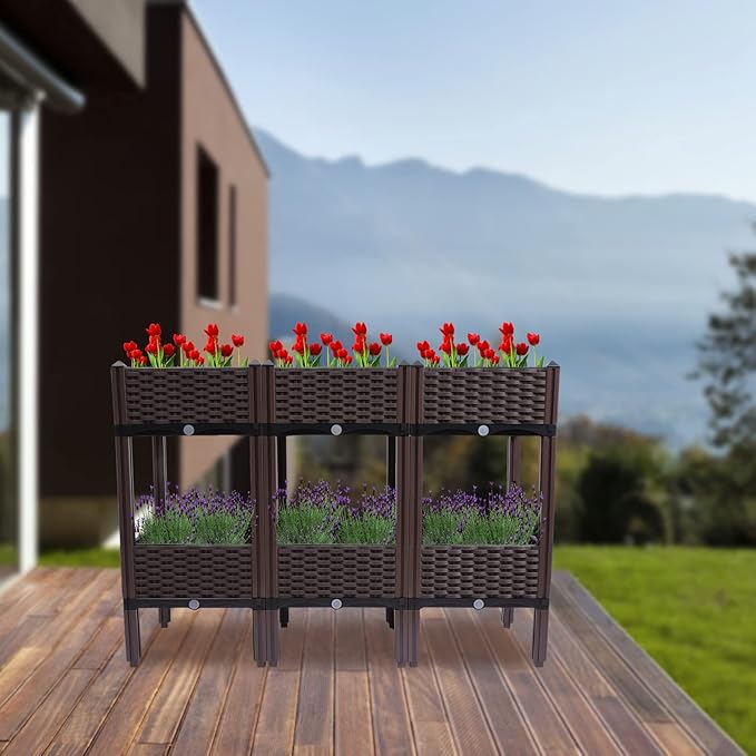 Square Raised Garden Bed, Planter Box Kit, Self-Watering Plastic Planter for Indoor Outdoor Vegetables, Fruits, Potato, Flowers, All Weather, 3.9ft*15.7in*33.8in
