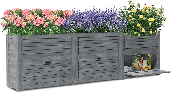 Raised Garden Bed with Extra Storage Compartments Outdoor, 34" x 18" x 30" Wood Elevated Garden Box Wooden Planter Box for Herbs, Vegetables, Flowers Backyard, Patio, Balcony