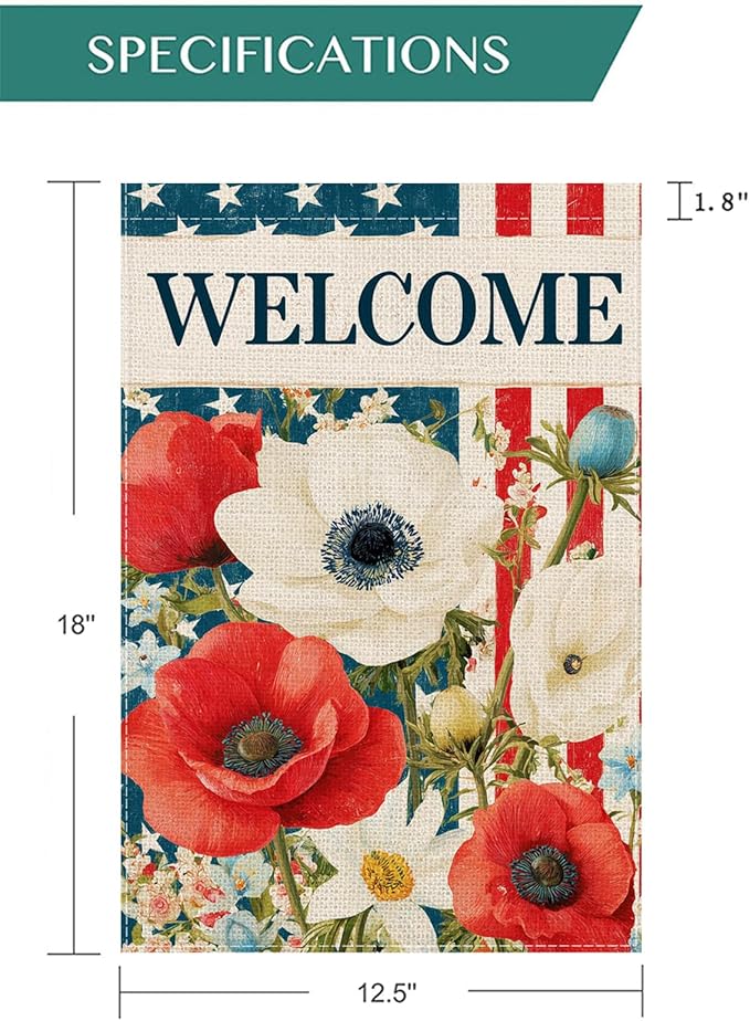 Patriotic 4th of July Floral Welcome Garden Flag 12.5x18 Inch, Double-Sided American Flag Stars Stripes with Poppy Flowers Small Yard Flag, Memorial Day Seasonal Outdoor Decoration
