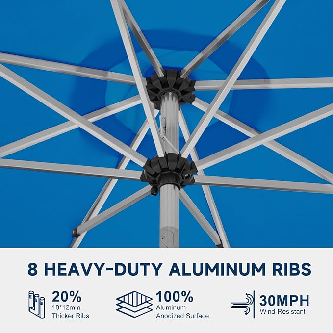 9FT Aluminum Patio Umbrella with 40-LED Solar Lighted, Fade-Resistant Outdoor Market Table Umbrella with Push Button Tilt Function, 8 Sturdy All-Aluminum Ribs for Gardens, Decks, Backyards & Pools