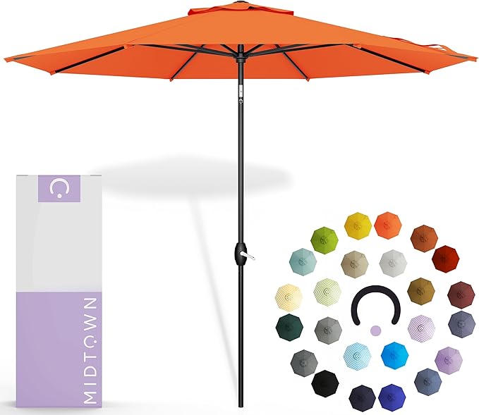 Midtown Umbrellas - 10-Year-No-Fade 9 Ft Patio Umbrella with Terylast Fabric, Auto-Tilt Aluminum Frame and 8 Reinforced Ribs for Deck, Pool, Garden & Beach - Tangerine Canopy, Black Pole