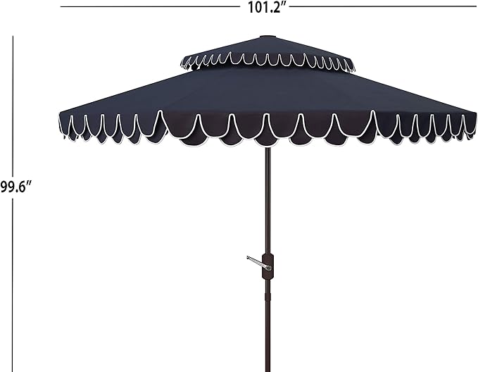 SAFAVIEH 9ft Outdoor Patio Umbrella, Double Top, Valance, Navy & White Trim, Double Top, Auto Crank Tilt, UV Resistant for Deck, Backyard, Poolside (PAT8206A)