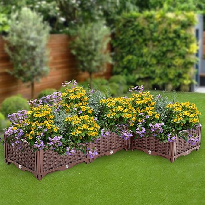 BAOYOUNI L-Shaped Planter Box Corner Raised Garden Bed Kit Vegetables Herbs Flowers Succulents Plastic Gardening Grow Container for Indoor Balcony Outdoor Patio, Brown