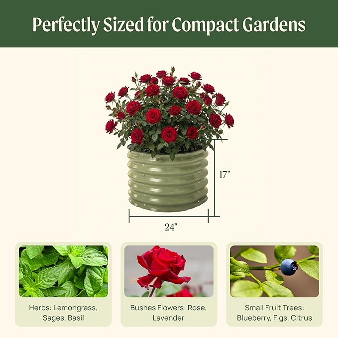 17" Tall Herb Raised Garden Bed for Basil Lavender Sages, 24" Wide Round Fruit Tomato Planter Box for Gardening Blueberries Figs, Flower Metal Pot Container for Rose, Twin Pack, Modern Gray