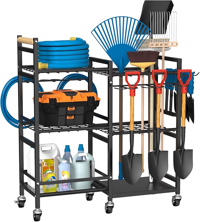 NADAMOO Garden Tool Organizer with Rolling Wheel, 3-tier Metal Shelf Yard Tool Holder, Utility Stand Rack for Garage Organization and Storage, Hold Long-Handled Rakes, Shovel, Broom