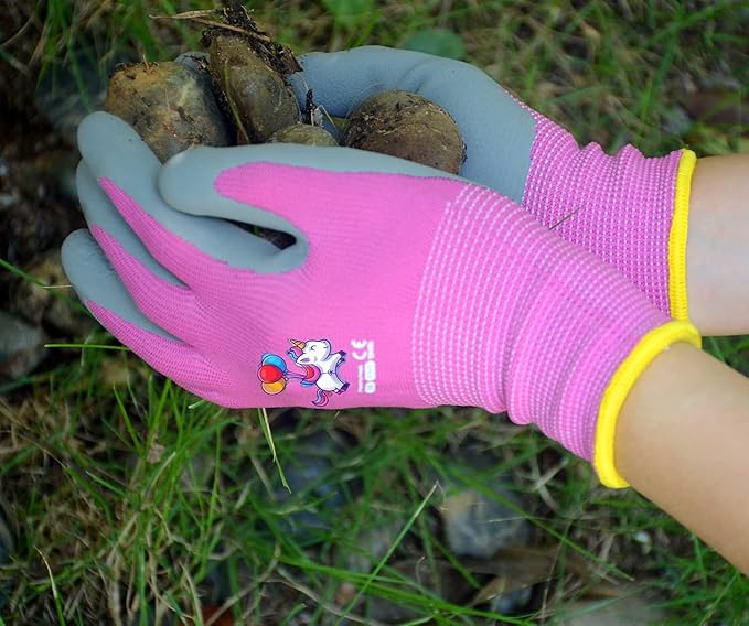Ages 5-7 Kids Gardening Gloves,Yard Work Gloves for Toddlers, Youth, Girls, Boys, Childrens, Soft Safety Rubber Gloves (XXS Age 5-7, 1 Pair Pink Unicorn)