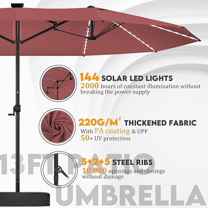 13ft Large Patio Umbrella with Solar Lights, Outdoor Double-Side Rectangular Umbrella with Base Included, Backyard Pool Umbrella with LED Light for Deck, Outside, Market, Burgundy