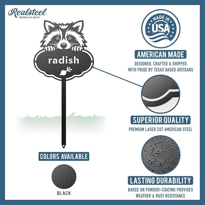 RealSteel Rocky The Raccoon Plant Markers – Cute Metal Garden Labels for Herbs & Vegetables | Outdoor Steel Plant Stakes for Garden, Greenhouse & Raised Beds | Gardening Gift | USA (CHIVES-B-6X13)