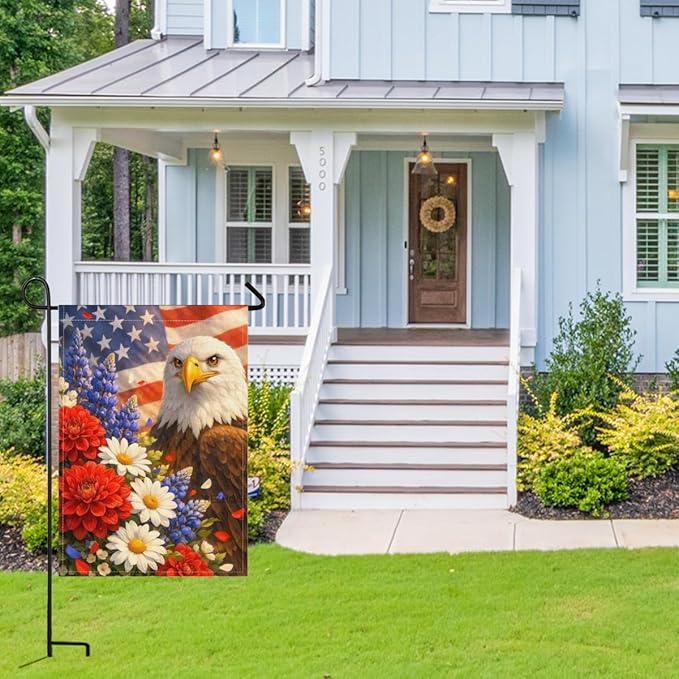 Patriotic Bald Eagle Garden Flag 28x40 Inch,USA Flag Floral Animal Outdoor Yard Red White Blue Decor,Double Sided Seasonal Lawn Porch Farm Independence Day Holiday Gift