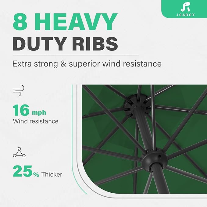JEAREY 11' Patio Umbrellas Outdoor Table Market Umbrella w/Crank, 8 Sturdy Ribs, UV Protection Windproof for Garden, Deck, Backyard, Pool(Dark Green)