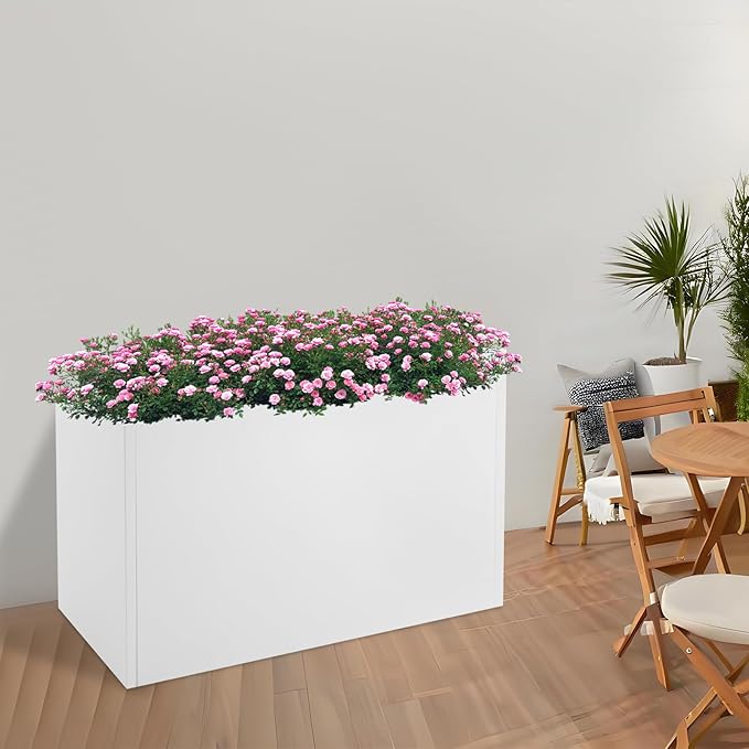 Metal Planter Box, Tall Rectangular Raised Garden Bed with Removable Shelf and Drainage Holes, Modern Steel Garden Planter, Flower Planter Boxes for Patio, Yard & Porch, Outdoor (White, 38*16*20in)