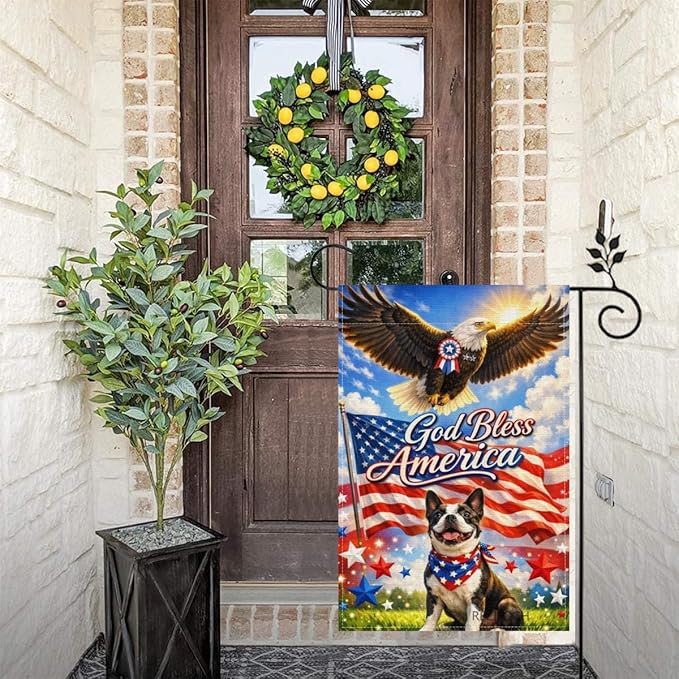 Patriotic Boston Terrier Garden Flag 12x18 Inch,American Independence Day Outdoor Yard USA Flag Funny Animal,Red White Blue 4th of July Lawn Porch Double Sided Outside Decor