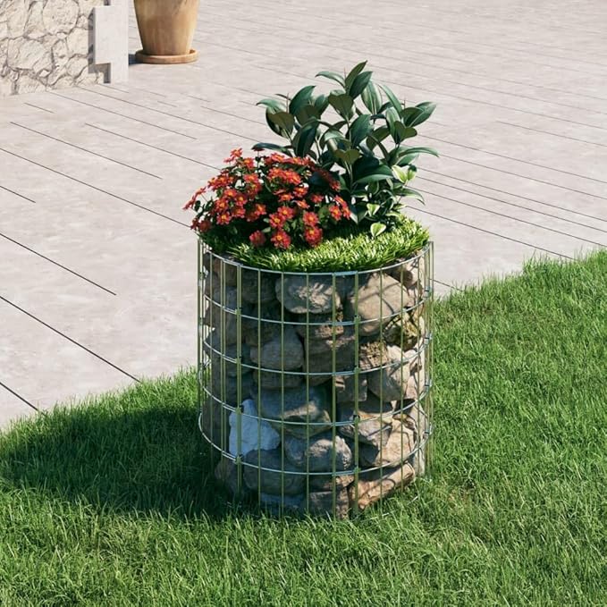 Outdoor Garden Round Gabion Basket Cage Planter Stand Patio Backyard Gabion Post Raised Bed Fencing, Circular Gabion Pole Galvanized Steel Ø19.7"x19.7"