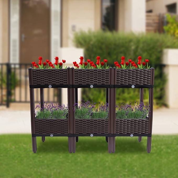 Square Raised Garden Bed, Planter Box Kit, Self-Watering Plastic Planter for Indoor Outdoor Vegetables, Fruits, Potato, Flowers, All Weather, 3.9ft*15.7in*33.8in