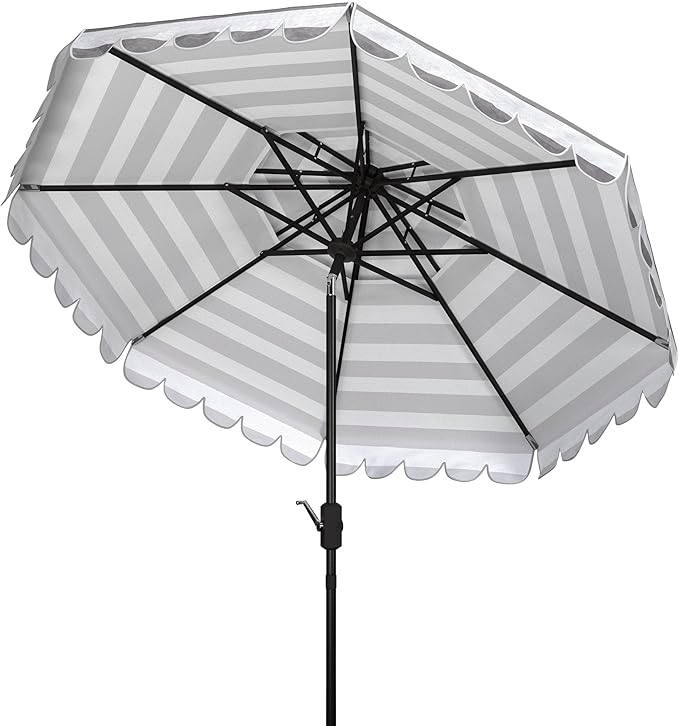 SAFAVIEH 9ft Outdoor Patio Umbrella, Double Top, Vienna Collection, Grey & White Stripe, Scallop edge, Crank, Button Tilt, UV Resistant for Deck, Backyard, Poolside (PAT8211B)