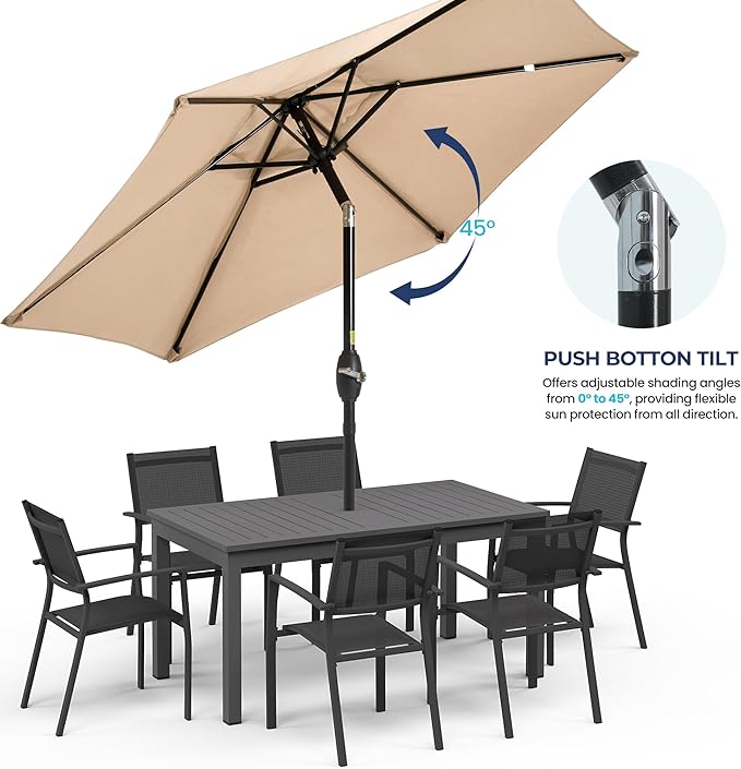 Patio Umbrella Striped Outdoor Table Market Umbrella with Push Button Tilt and Crank Sturdy Aluminum Ribs for Deck, Lawn, Pool& Backyard