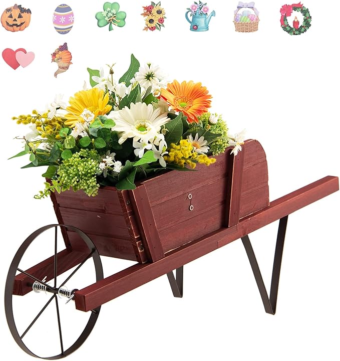 Giantex Wood Wagon Planter, Small Wheelbarrow Wagon Cart, Indoor & Outdoor Decorative Raised Bed W/ 9 Magnetic Accessories, Flower Pot Wheelbarrow Cart for Garden Backyard (Red)