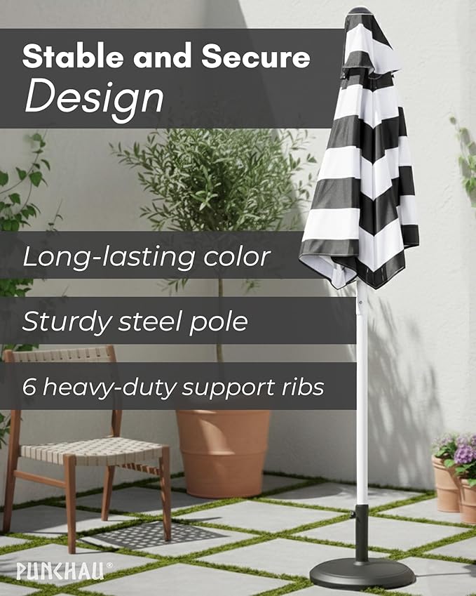 6 Ft Boho Outdoor Patio Umbrella, 6 Foot Patio Table Umbrella, Easy Open/Close Crank and Push Button Tilt Adjustment, Black & White Striped