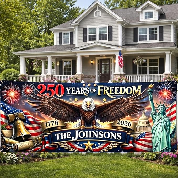 Personalized 250 Years of Freedom USA Banner 1776-2026, Patriotic American Eagle Flag for Independence Day, Customizable Family Name Outdoor Banner, USA Anniversary Decoration for Gardens & Porches A9